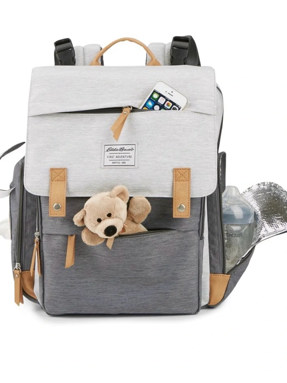 Eddie Bauer Two-Tone Gray Canvas Diaper Backpack with Tan Accents